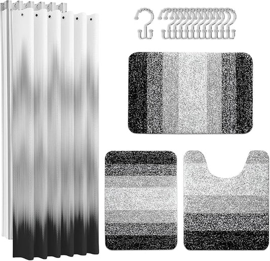 Britimes Black Grey Stripes Bathroom Sets with Shower Curtain and Rugs, Ombre Modern Abstract Waterproof Shower Curtain Liner and Soft Non Slip Bath Mat for Bathroom Decor and Accessories Hooks