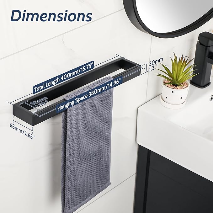 Sayayo Matte Black Towel Bar for Bathroom, 16 Inch Hand Towel Holder Wall Mount Square Towel Ring SUS304 Stainless Steel Towel Rack