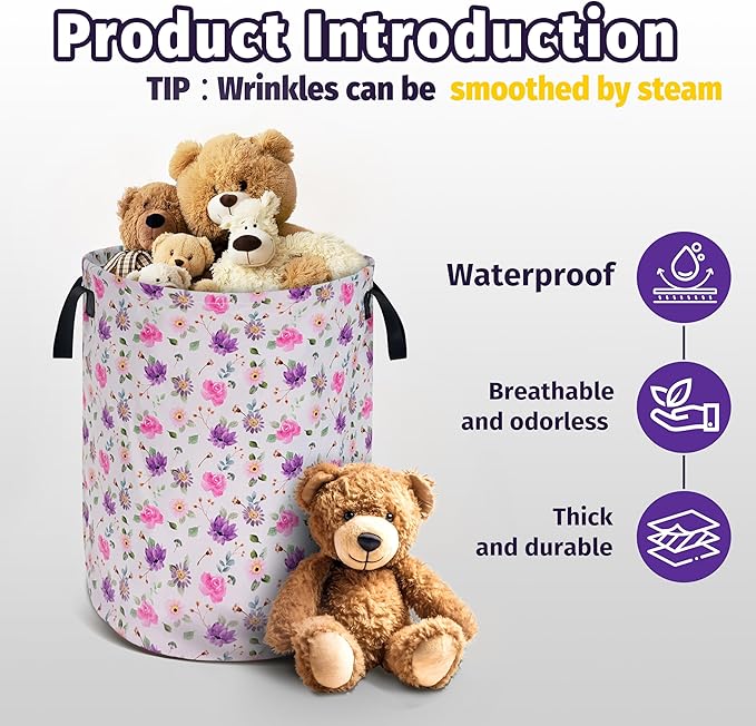 Pink Purple Flowers Laundry Basket Foldable Oxford Cloth With Handle Portable Colorful Storage Basket Organizer Suitable For Laundry Room/Bedroom/Living Room/Children'S Room (18.9 X 16.5 Inch)