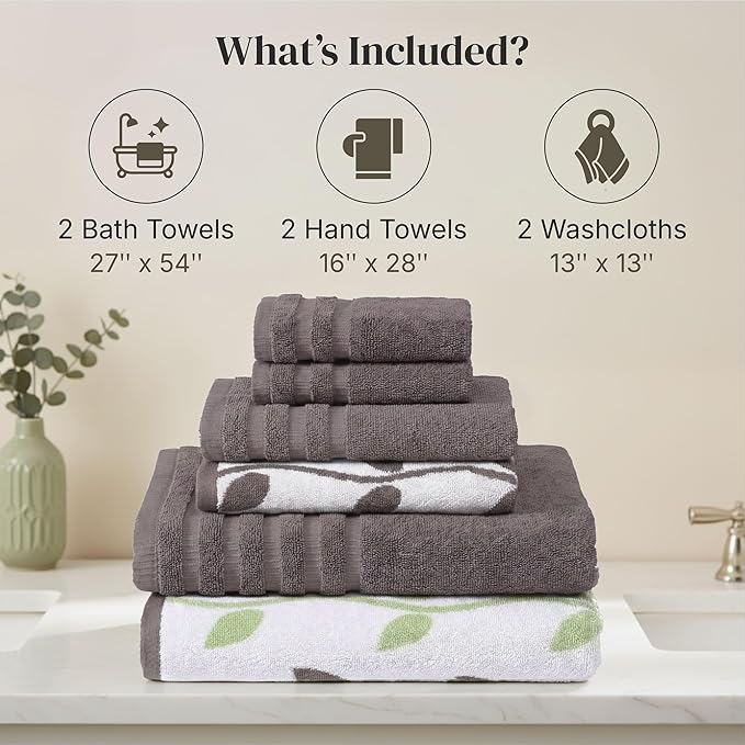 Modern Threads Natural Vine 6-Piece 100% Cotton Towel Set – Yarn Dyed Jacquard – Includes 2 Bath Towels, 2 Hand Towels, 2 Washcloths – Absorbent, Quick Dry, Soft & Durable – Gray