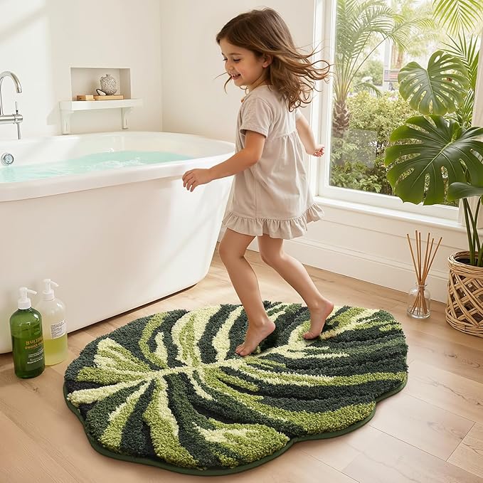 LUMI Cute Bathroom Rugs with Green Leaf Plant, Soft, Fluffy, Plush, Absorbent, Quick Dry, Non Slip, Machine Washable for Shower Floor, Bathroom, Bedroom, Kids Room, 32"x48", Dark Monstera