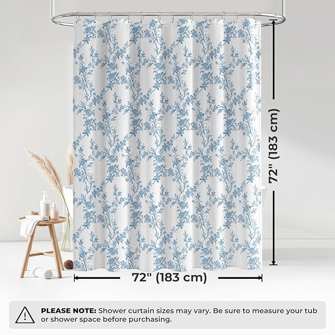 Blue Floral Shower Curtain, Cotton Linen Cottagecore Shower Curtains for Bathroom