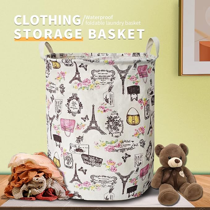 Merdes 19.7?€??€? Waterproof Foldable Laundry Hamper, Dirty Clothes Laundry Basket, Linen Bin Storage Organizer for Toy Collection (Paris)