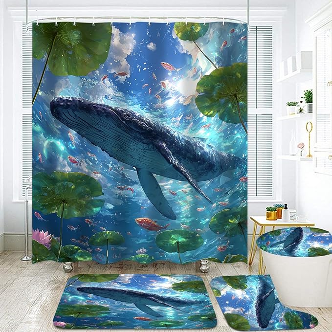 Yizheer 4Pcs Whale Shower Curtain Sets,Ocean Scenery Marine Life Theme Bathroom Curtain with Rugs, Toilet Lid Cover and Bath Mat