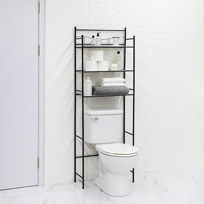Over-The-Toilet 3-Shelf Bathroom Storage Unit, Black Steel, 22.83x9.65x59.75 Inches, Space Saver