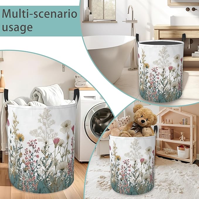 Laundry Basket With Handle, Dirty Clothes Laundry Hamper, Oxford Cloth Bin Storage Organizer for Toy Collection (Wildflower Spring Summer)
