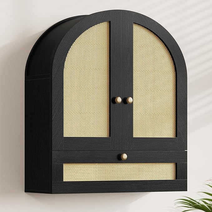 Arched Bathroom Wall Cabinet, Rattan Medicine Cabinet with Drawer, Wall Mounted Hanging Above Toilet Storage Cabinet, Black 4-Tier Small Over The Toilet Storage Cabinet with Door for Kitchen, Laundry