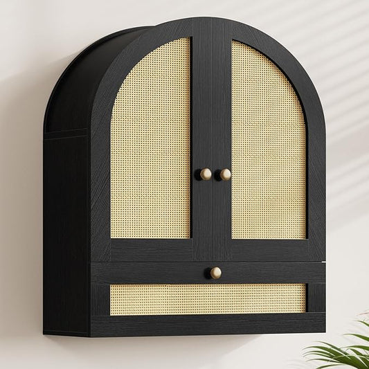 Arched Bathroom Wall Cabinet, Rattan Medicine Cabinet with Drawer, Wall Mounted Hanging Above Toilet Storage Cabinet, Black 4-Tier Small Over The Toilet Storage Cabinet with Door for Kitchen, Laundry
