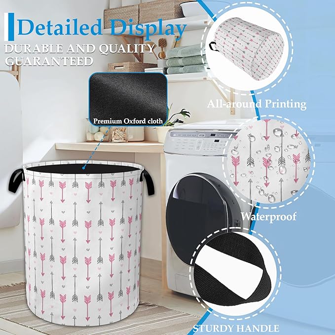 Pink Arrow Laundry Basket Collapsible Laundry Hamper with Handle, Oxford Clothes Toy Storage Bin for Bathroom Bedroom Room Decor, Gift Basket 16" X 20.8"
