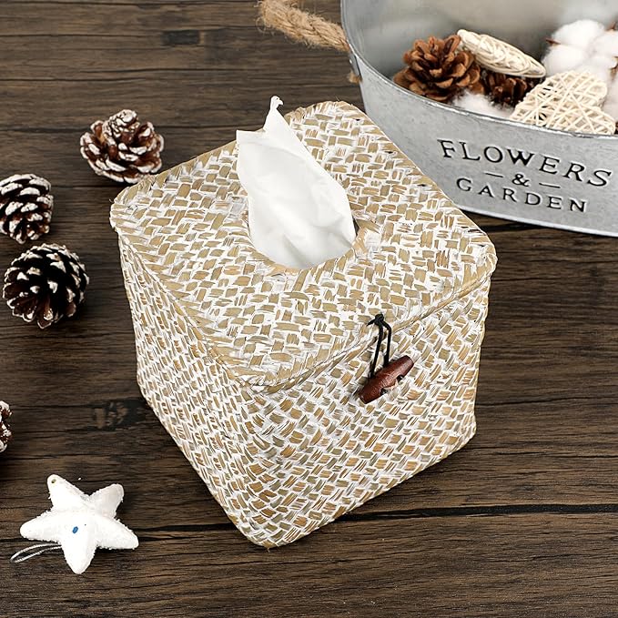 Sumnacon Tissue Box Cover Square Seagrass Tissue Box with Lid, Woven Tissue Box Holder Rustic Cube Tissue Cover for Bathroom Toilet Bedroom Living Room Kitchen Table Desk Office Car, Whitewash