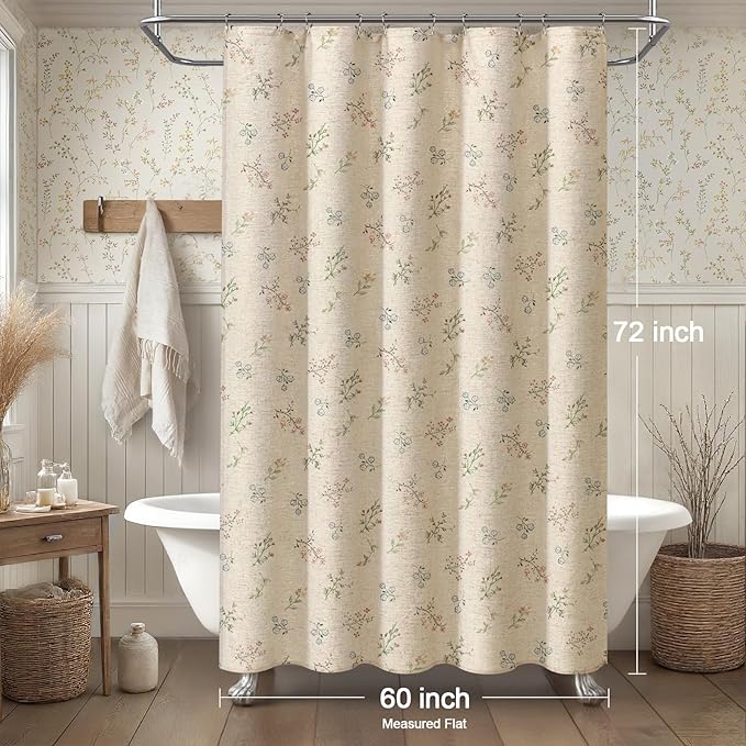 Floral Vintage Linen Shower Curtain, French Country Shower Curtains for Bathroom, 60Wx72H
