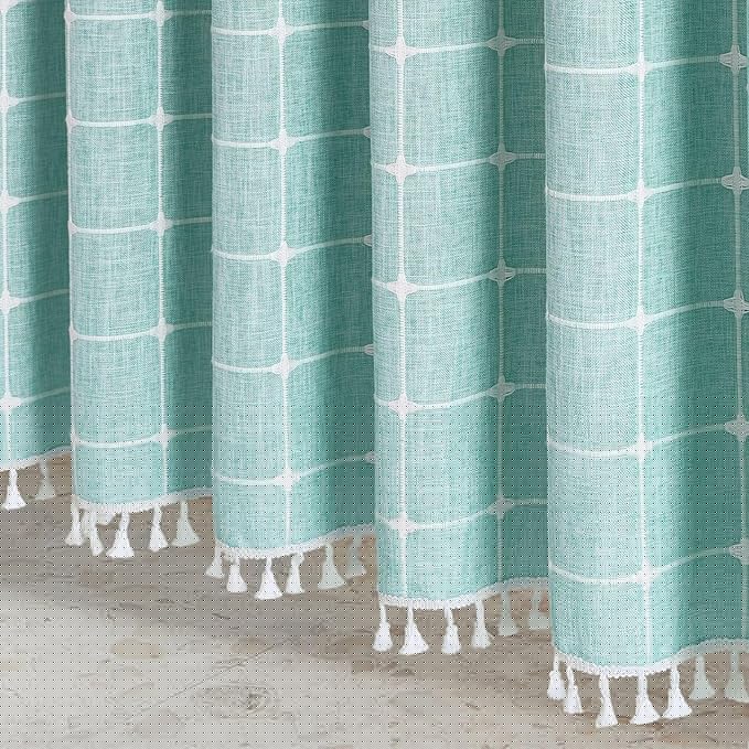 MitoVilla Teal Blue 72 x 78 Farmhouse Shower Curtain, Turquoise Boho 78 inch Long Polyester Linen Tassel Fabric Shower Curtain Set for Chic Cottagecore French Rustic Bathroom Decor