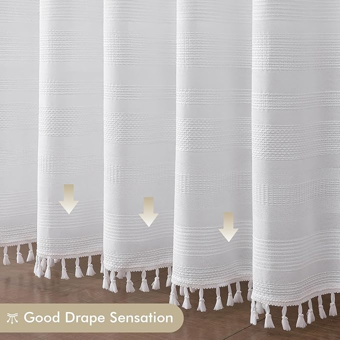 OVZME Extra Long White Shower Curtain 96 Inch Long, Boho Chic Textured Soft Fabric Heavy Duty Cloth Bathroom Shower Curtain with Tassel, Tall Farmhouse Luxury Bath Decor, 72Wx96L Inches