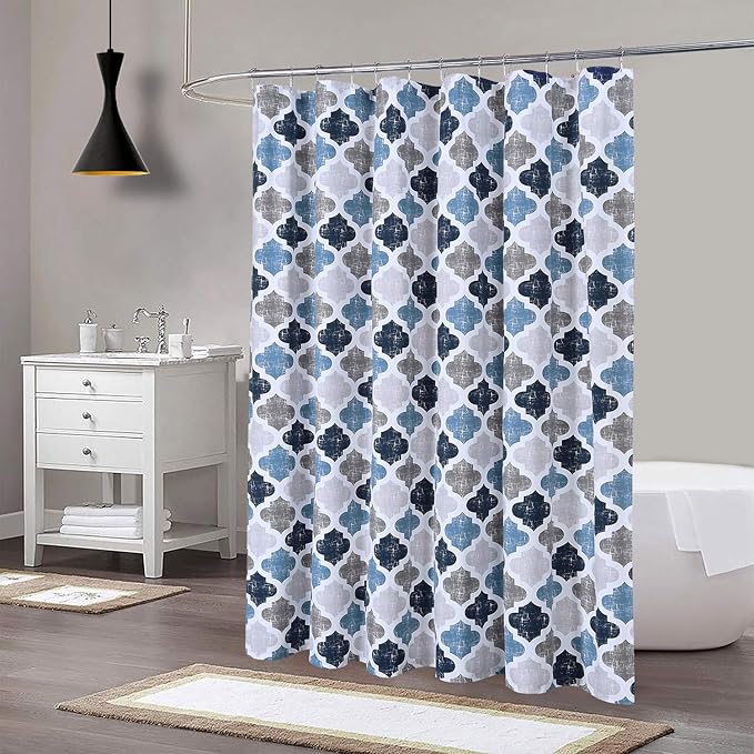 CAROMIO Geometric Quatrefoil Patterned Modern Poly-Cotton Stall Fabric Shower Curtain for Bathroom, Navy/Blue/Grey, 54x78 Inches