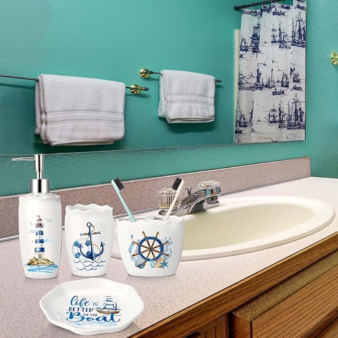 Newtay Nautical Bathroom Accessories Set of 4, Coastal Lighthouse Compass Anchor Sailboat Tumbler Soap Dispenser Toothbrush Holder Soap Dish for Ocean and Sea Coastal Theme Bathroom Decoration