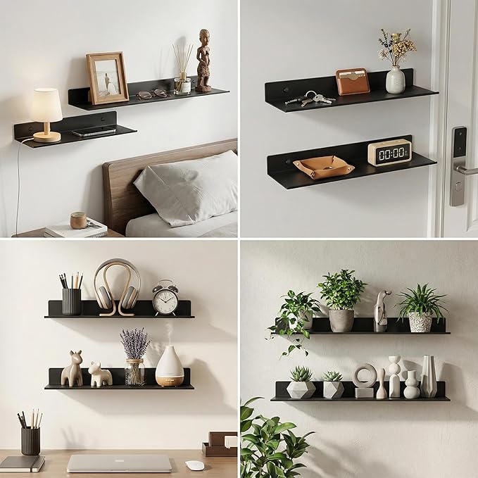 Z metnal Bathroom Shelf, Small Floating Wall Shelves, Decorative Ledge Shelf, Aluminum, Wall Mounted, Matt Black, 20/16/12 inch, 3 Set