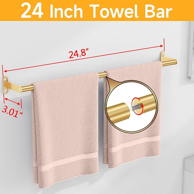 MKO Bathroom Towel Bar, 24 Inch Towel Rod for Bathroom, Heavy Duty Bath Hand Towel Holder Wall, Single Rod, Gold, Easy of Installation