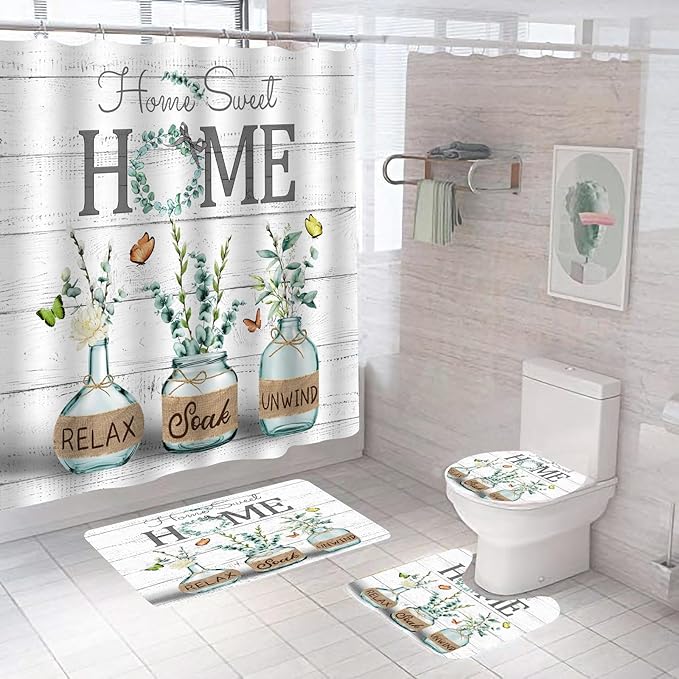 ALEXEX 4 PCS Green Eucalyptus Shower Curtain Sets,Home Sweet Bathroom Set with Shower Curtain and Rugs and Accessories,Farmhouse Country Shower Curtain Bathroom Decor with 12 Hooks,72 X 72 Inches