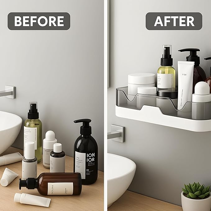 Mozarto Bathroom Shelf Organizer with 2-Tier Rack and 4 Hooks – Wall Mounted Bathroom Storage Rack, Space Saving Shelf for Toiletries, Bathroom Hardware and Accessories Holder (Multicolor)