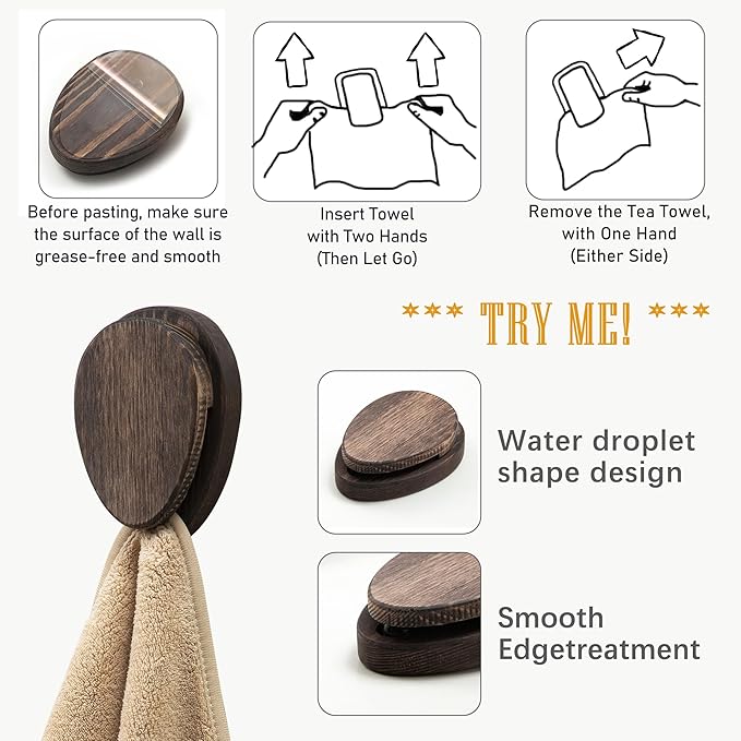 Besuerte Magic Marble Wood Towel Holder - Set of 2 Kitchen Hand Towel Holder Adhesive - Wall Mount Wood Towel Rack - Bathroom Hooks, Quick Drying, Nut Brown