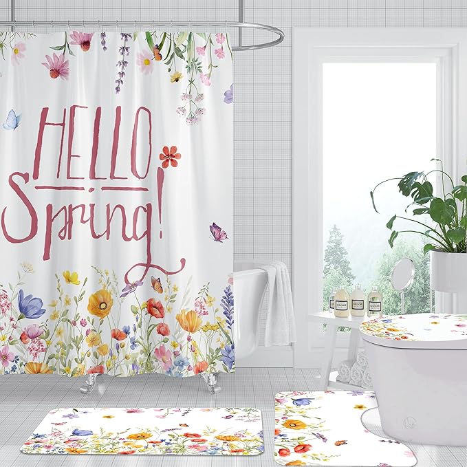 FUTBU Spring Shower Curtain Set for Bathroom, Blooming Flowers Bathroom Supplies for Spring Accessories Decor Set, Non Slip Rugs Toilet Lid Cover U Shape Bath Mat and 12 Hooks