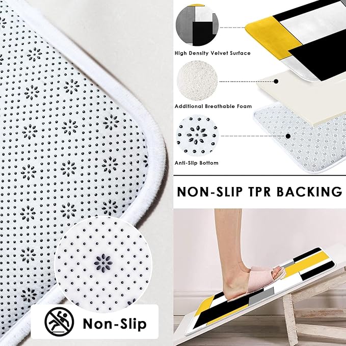 Yellow Geometric Shower Curtain Set with Toilet Lid Cover and Non-Slip Rugs for Bathroom, Black White Grey Checkered 4 Pcs Shower Curtain, Modern Abstract Bathroom Set with 12 Hooks