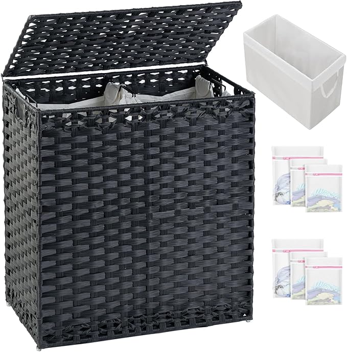 SETVSON Laundry Hamper with Lid Wicker Laundry Basket 112 L (29.6 Gal) Laundry Hampers Handwoven Rattan Clothes Hamper with Handles 3 Removable Liner Bag, 6 Mesh Bags for Bathroom Bedroom Black
