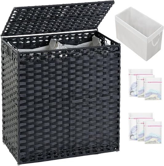 SETVSON Laundry Hamper with Lid Wicker Laundry Basket 112 L (29.6 Gal) Laundry Hampers Handwoven Rattan Clothes Hamper with Handles 3 Removable Liner Bag, 6 Mesh Bags for Bathroom Bedroom Black