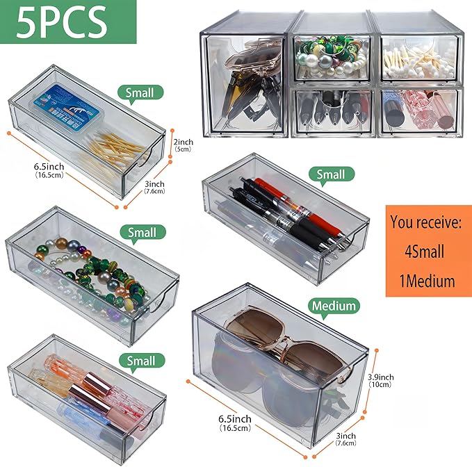 Stackable Storage Drawers Set of 5 Acrylic Storage Drawers Clear Plastic Stackable Organizer Bins for Makeup, Cosmetics,Beauty Supplies,Ideal for Vanity, Bathroom,Cabinet,Pantry Organization