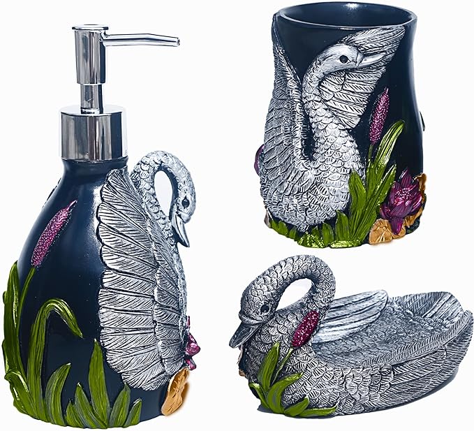 LUANT Bathroom Decor Accessories Set, 3 PCS Including Soap Dispenser, Soap Dish and Tumbler, Decorated with Black Swan