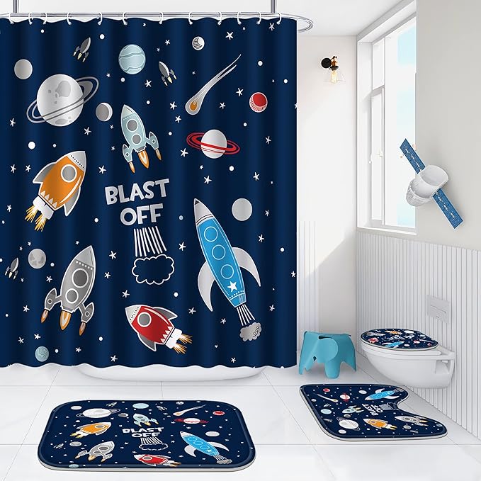 Poedist 4 Pcs Bathroom Shower Curtain Set,Kid's Bathroom Set,Cosmic Space Shower Curtain Sets with Rugs(Bath Mat,U Shape and Toilet Lid Cover Mat) and 12 Hooks