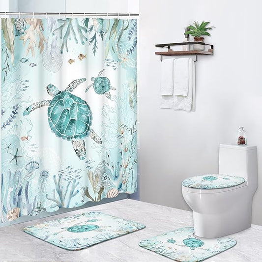 4 Piece Shower Curtain Set, Sea Turtle Waterproof Bathroom Set Accessories with Non-Slip Rugs, Toilet Lid Cover Bath Mat and 12 Hooks, Underwater Coral Starfish Animal Home Decor 72" x 72"