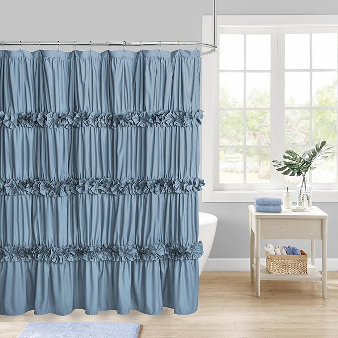 Dusty Blue Ruffle Shower Curtain, Vintage Handcrafted Bow Tie Bath Curtain for Master Bathroom, Ruched Microfiber Bathroom Curtain with 12 Buttonholes, 72" W x 72" H (LQ-10)