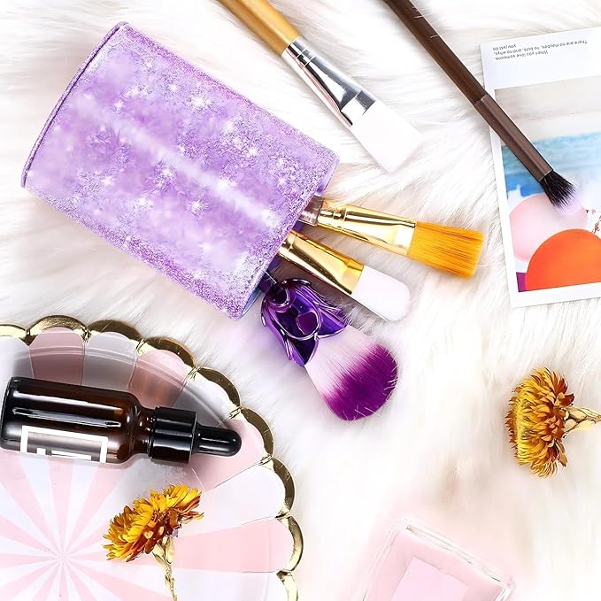 Outus PU Glitter Pen Holder Pencil Cup Shiny for Women Girls, Luxury Makeup Brush Holder Pu Leather Organizer Cup Gift for Desk Office Classroom Home (Purple)