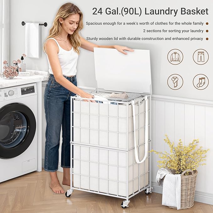 90L Laundry Basket with Wheels, Large Capacity Laundry Hamper with Removable Liner Bags, Heavy Duty Laundry Sorter with Solid Wood Lid & Leather Handles, White