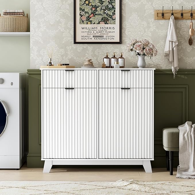 Double Tilt Out Laundry Hamper Cabinet, 20 Gallon Wooden Trash Can Cabinet with Storage Drawers, Hidden Fluted Garbage Can Holder for Kitchen, Living Room (White, 39.34" W x 35.83" H x 13" D)