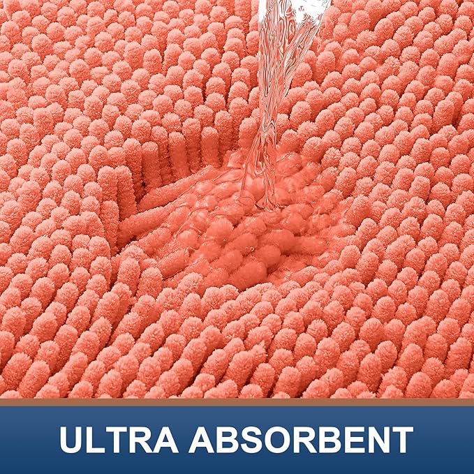 Smiry Luxury Chenille Bathroom Rugs 30x20, Extra Soft and Absorbent Shaggy Bath Mat, Machine Washable, Non-Slip Plush Carpet Runner for Tub, Shower, and Floor, Home Decor Accessories, Coral