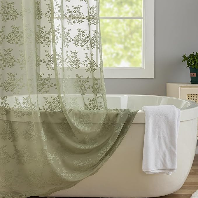 YJ YANJUN Sage Green Shower Curtain for Bathroom, Rustic Floral Lace Sheer Shower Curtain with Attached Valance, Scalloped Edge Elegant Sage Bath Curtain, 72 x 72 Inch, Sage Green