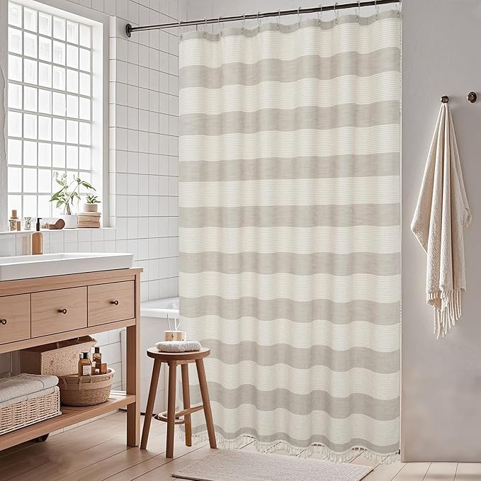 Boho Farmhouse Thick Tan Shower Curtain with Tassels, 350GSM Cotton Linen Soft Fabric Shower Curtain Heavyweight, 72 x 72 Inch Beige Brown Striped Country Bathroom Decor Curtain Water Repellent