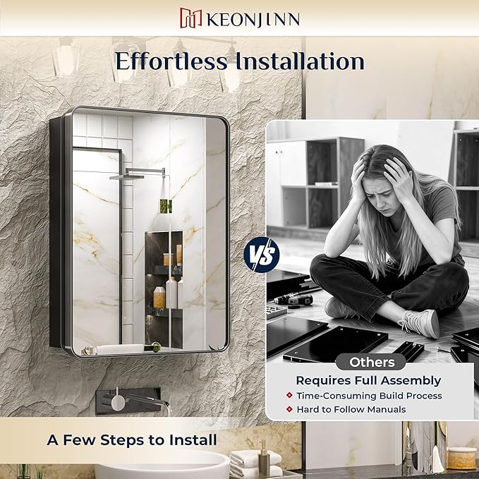 Keonjinn 20 x 26 Inch Black Recessed Medicine Cabinets, Bathroom Mirrored Medicine Cabinet, Black Stainless Steel Framed, Stepless Adjustable Shelves, in Wall or Surface Mount, DTC Hinge