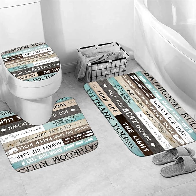 AZHM Inspirational Quotes Shower Curtain Set for Bathroom 4 Pcs Brown Teal Patchwork Design Bathroom Accessory Decor Sets with Shower Curtain and Rugs