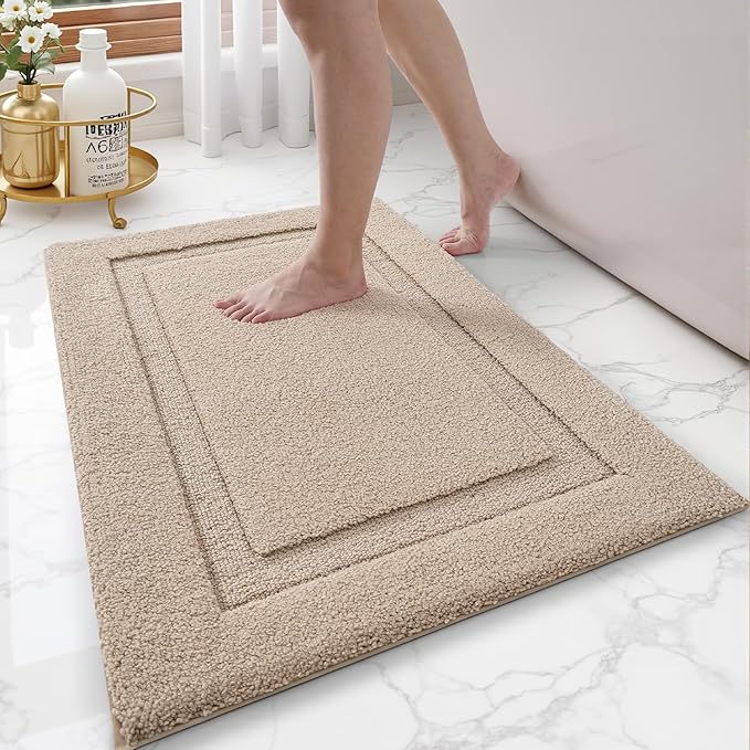 LUMI Ultra Soft Bathroom Rugs Non Slip with Rubber Backing, Absorbent Washable Bath Mat Quick Dry, Upgraded Premium Microfiber Plush Carpet for Bathtub and Shower Floor, Beige, 17x30
