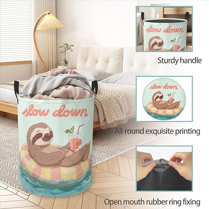 Sloth Round Laundry Hamper Storage Basket Toys Clothes Organizer Bin For Home Bathroom Bedroom Dorm Nursery