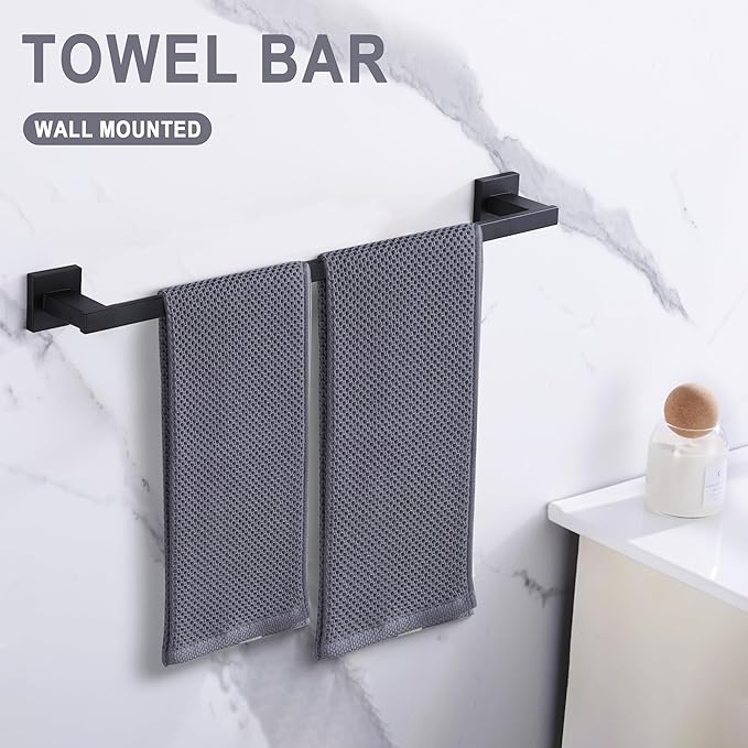 LANC Black Towel Bar for Bathroom Wall Mounted 16-Inche Matte Black Bath Towel Rack Stainless Steel Towel Rod for Cabinet Kitchen Towel Holder Towel Hanger Towel Rail, A9010MB-L4