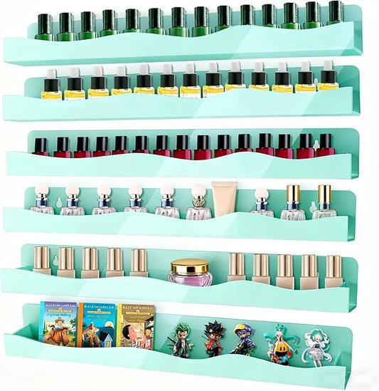 Nail Polish Wall Rack, 6-Shelf 15-Inch Light Green Acrylic Nail Polish Shelves with Removable Ends – Multi-Purpose Shelf for Essential Oils, Cosmetics Storage and Display for Salons and Bathrooms