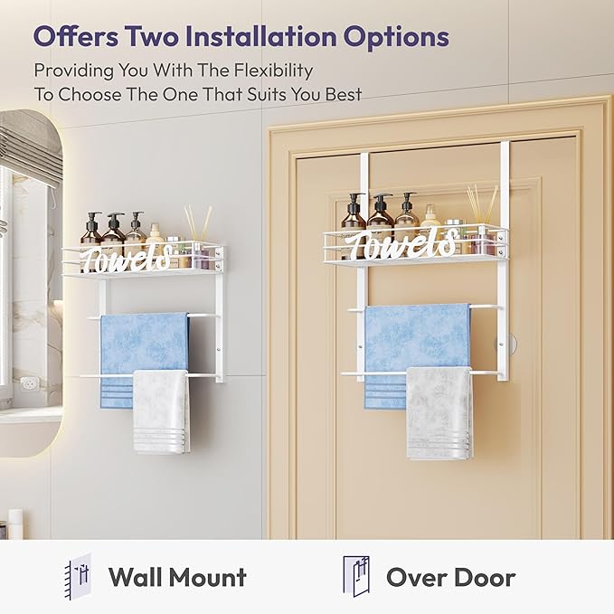 SWTYMIKI SWTYMIKI Over The Door Towel Racks for Bathroom - 5-Tier Wall Mounted Bathroom Towel Storage Organizer Holder with Metal Shelf (3 Tier-White)