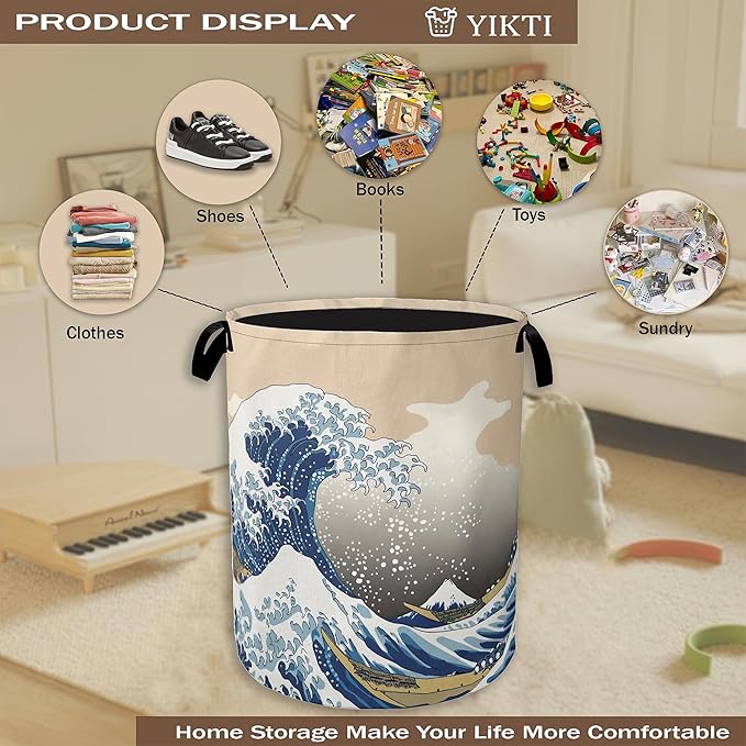 Laundry Hamper,Vintage Sea Wave Laundry Basket,Japanese Portable Collapsible Laundry Room Organization Storage for Dorm Room,Nursery,Bathroom,Bedroom,16x20 Inch