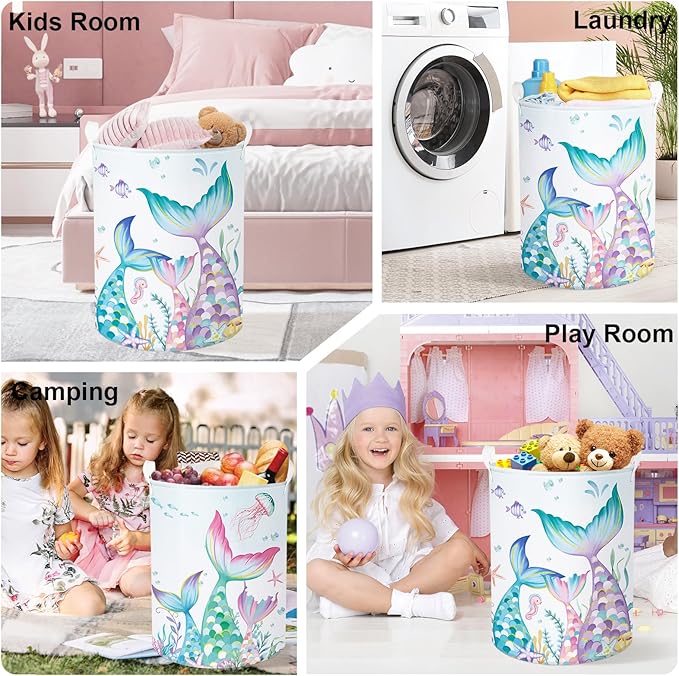 Fantasy Princess Laundry Hamper Colorful Large Storage Basket Collapsible Parents Organizer Kids Toy Clothes Bins for Bedroom, Bathroom, Mermaid, 63L