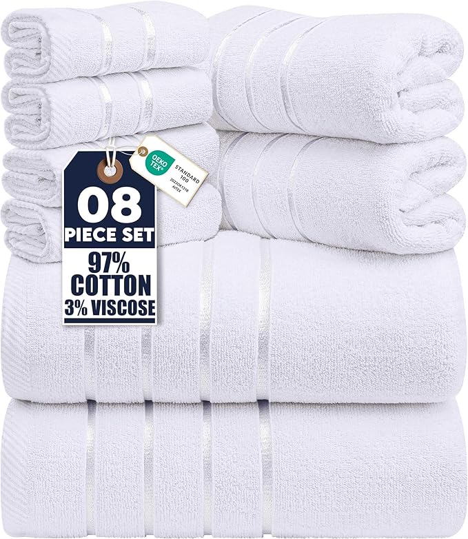Utopia Towels 8 Piece Luxury Towel Set, 2 Bath, 2 Hand, and 4 Wash Cloths, 600 GSM Ring Spun Cotton, Highly Absorbent Viscose Stripe Towels, Ideal for Everyday use, White