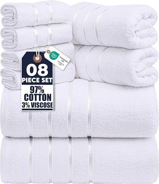 Utopia Towels 8 Piece Luxury Towel Set, 2 Bath, 2 Hand, and 4 Wash Cloths, 600 GSM Ring Spun Cotton, Highly Absorbent Viscose Stripe Towels, Ideal for Everyday use, White